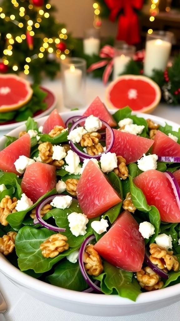 A vibrant Pink Christmas Reef Salad with greens, grapefruit, feta, and walnuts on a festive holiday table.